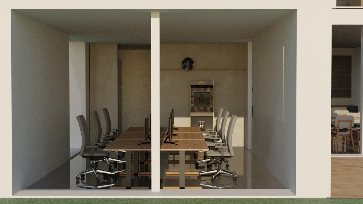 Rendering der Coding Area im Neubau mit Arbeitsplätzen und Bildschirmen